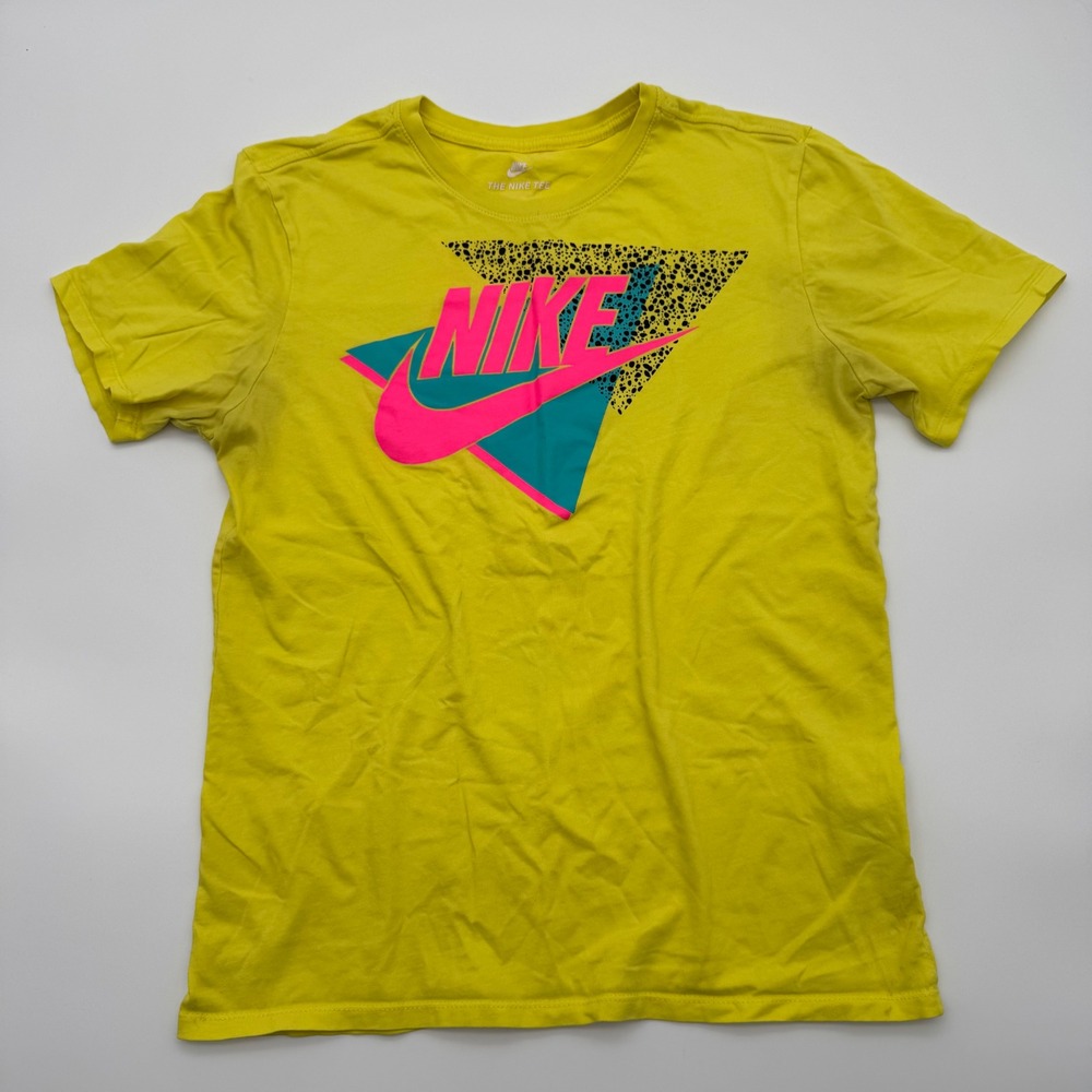 Nike Mens The Nike Tee Neon Yellow Retro 80s Graphic Swoosh T-Shirt Medium